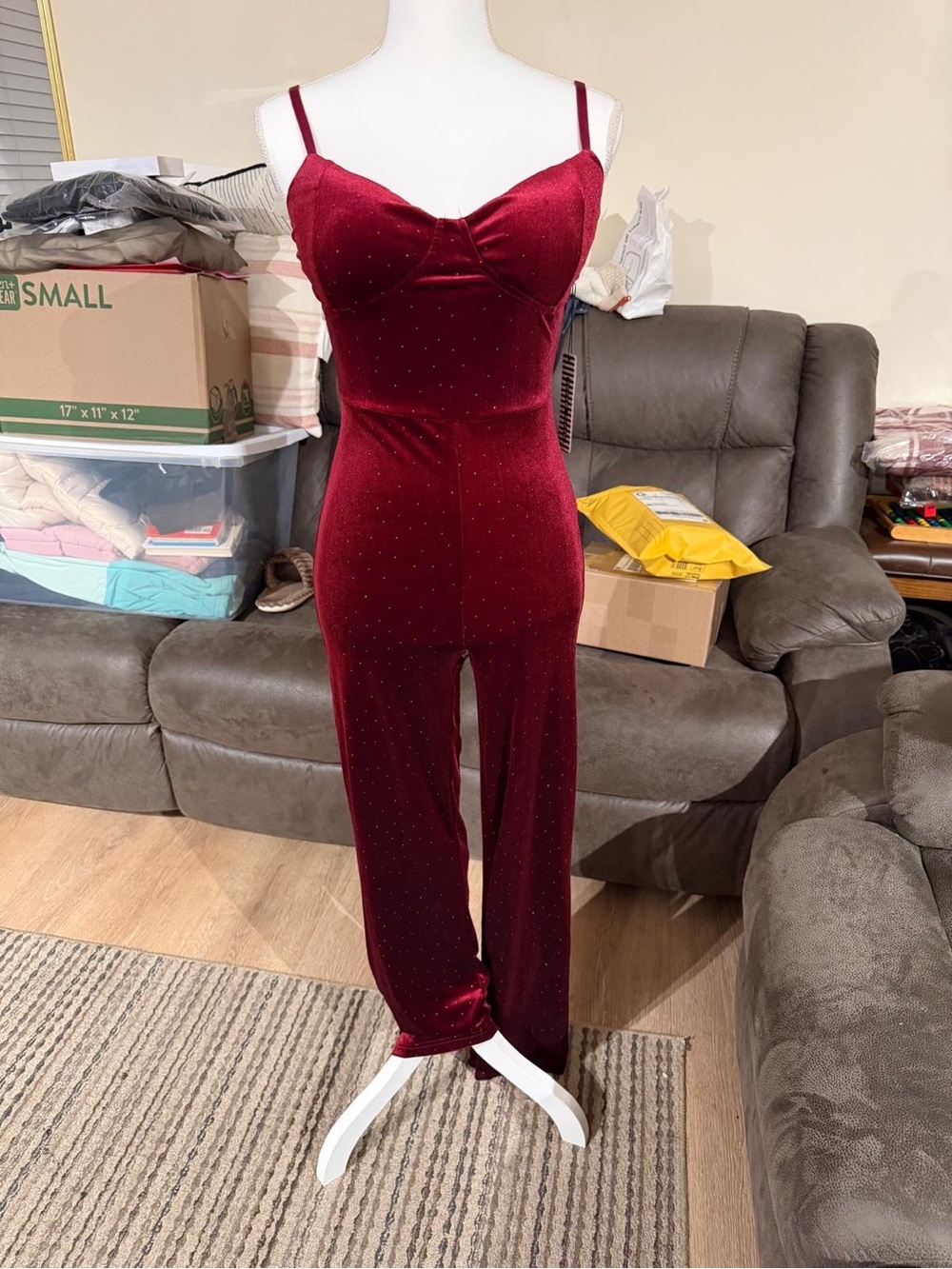 Women's Burgundy Velvet Spaghetti-Strap Jumpsuit
